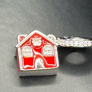 Simulated Diamond and Enameled A Red Home Charm in Rhodium Over Sterling Silver